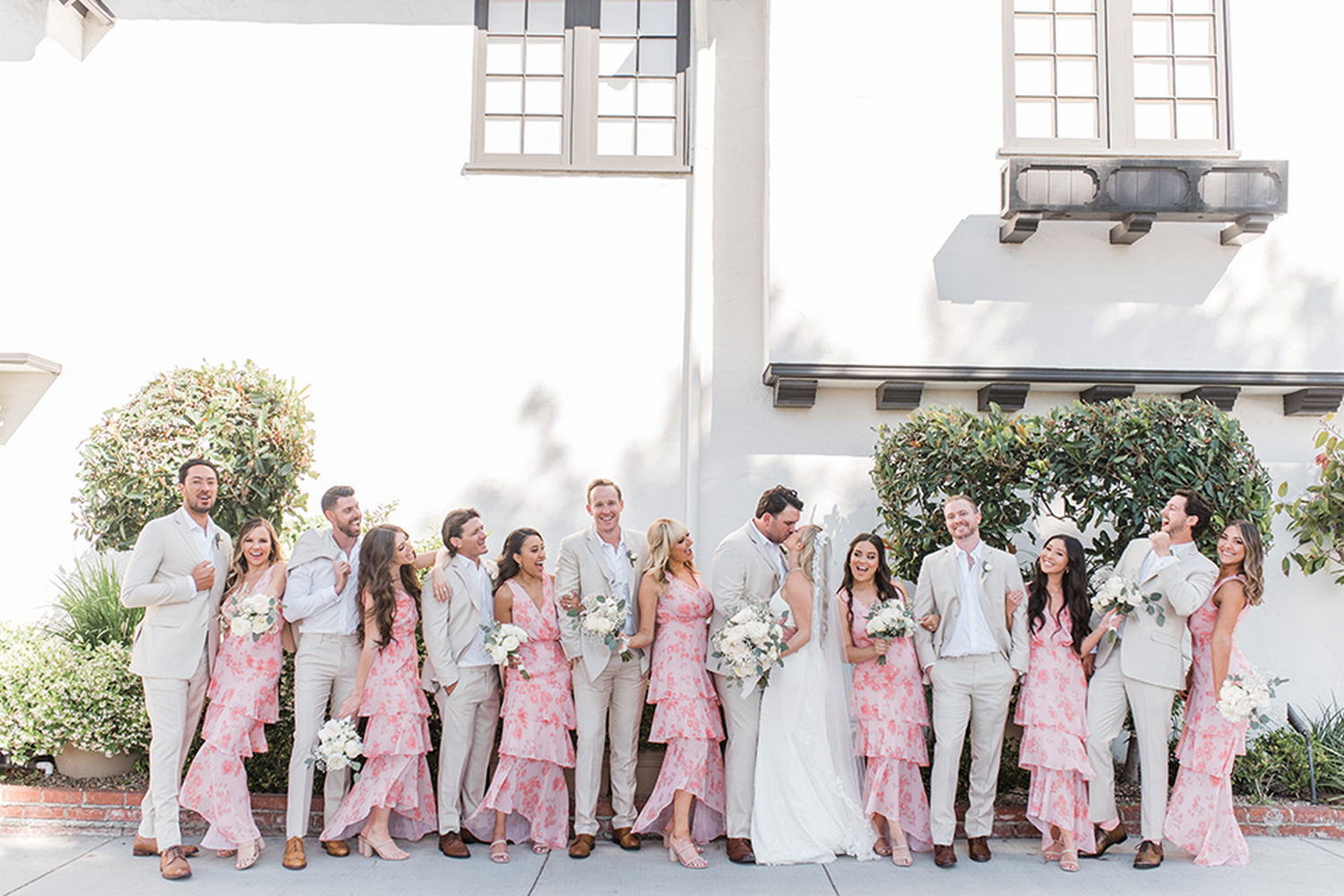 matching bridesmaid dresses to groomsmen One thing we're seeing less of? Groomsmen matching the bridesmaid dresses color for color. And honestly, good. Here are a few ways to make the whole wedding party feel cohesive without clashing. #