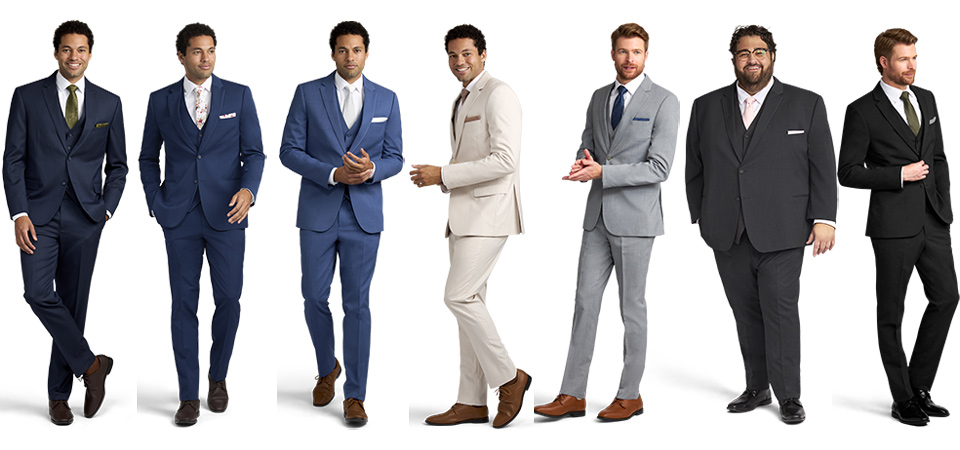 Modern wedding suit styles worn by a group of men.